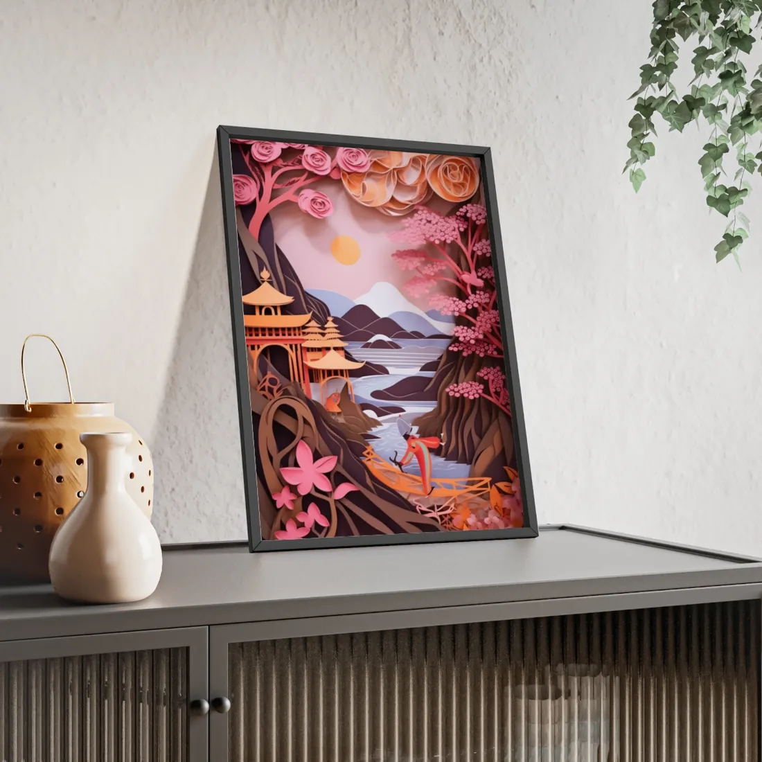 Japanese Vibrance: Eye-Catching Paper Quilled Landscape Art - Framed Poster