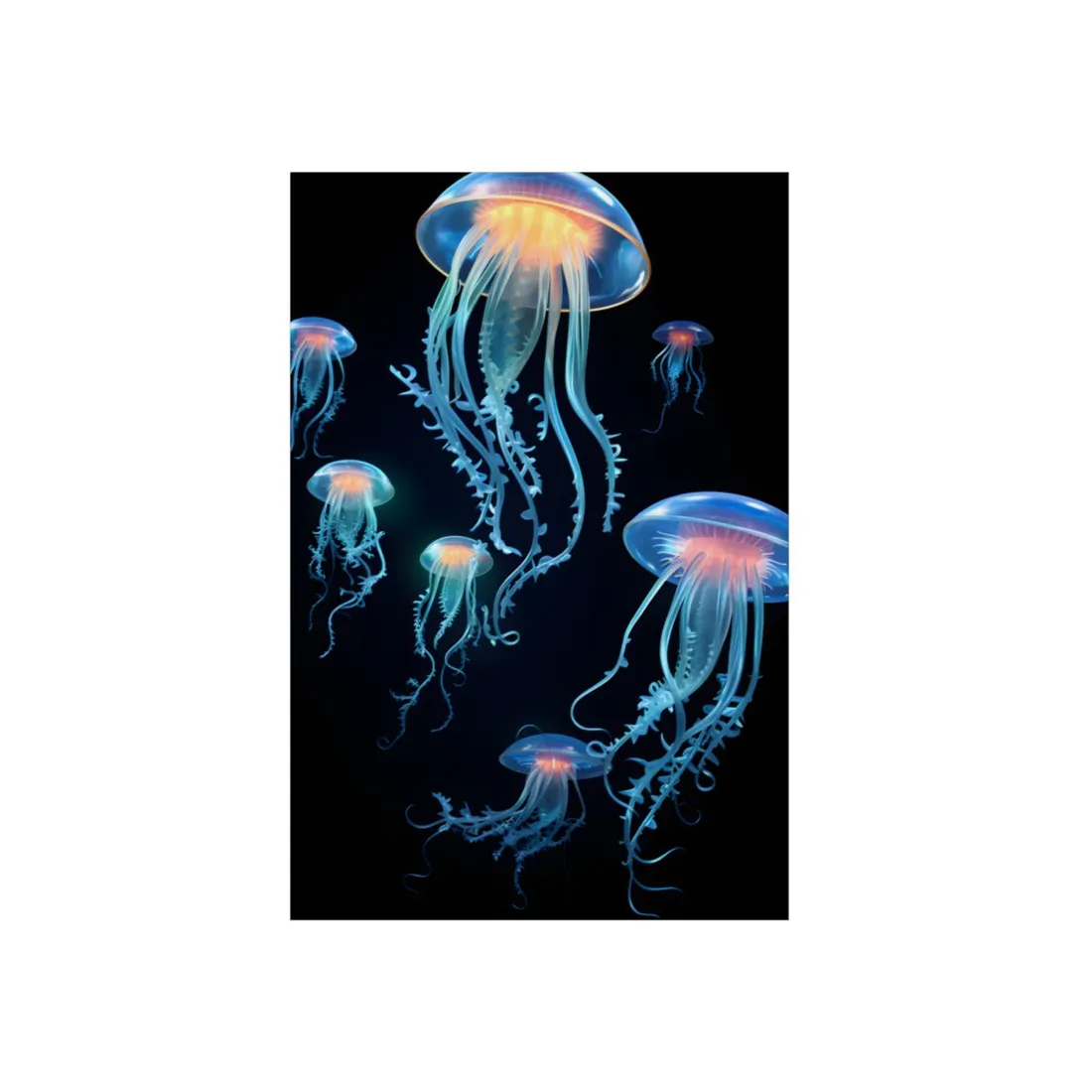 Jellyfish Cluster: Glowing Blue and Orange Tendrils in the Dark - Metal Poster