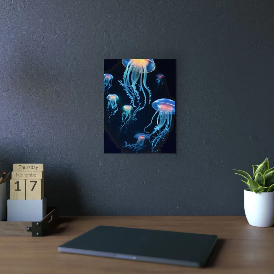 Jellyfish Cluster: Glowing Blue and Orange Tendrils in the Dark - Metal Poster