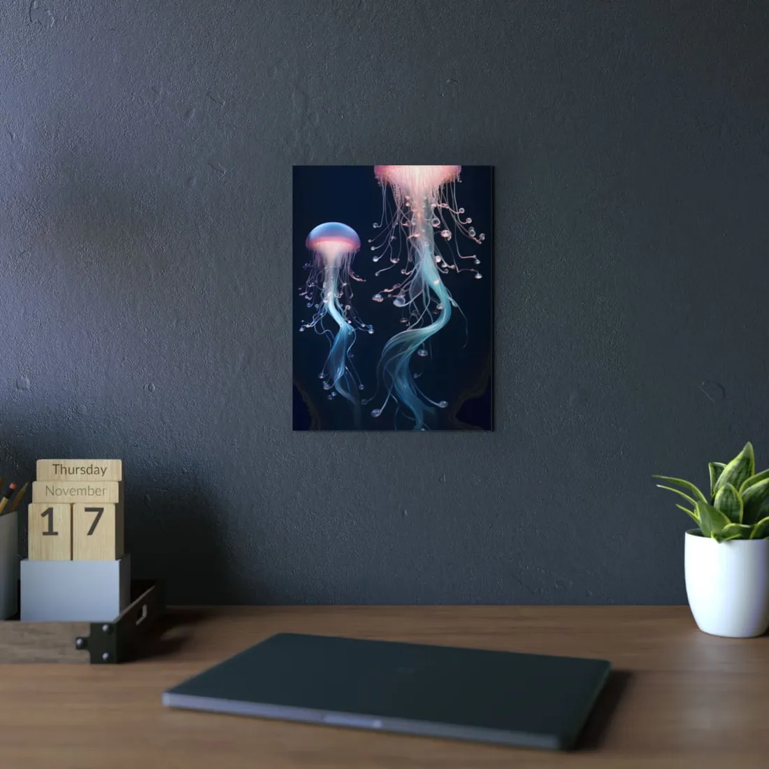 Jellyfish Cluster in the Deep: Bioluminescent Glow Art - Metal Poster