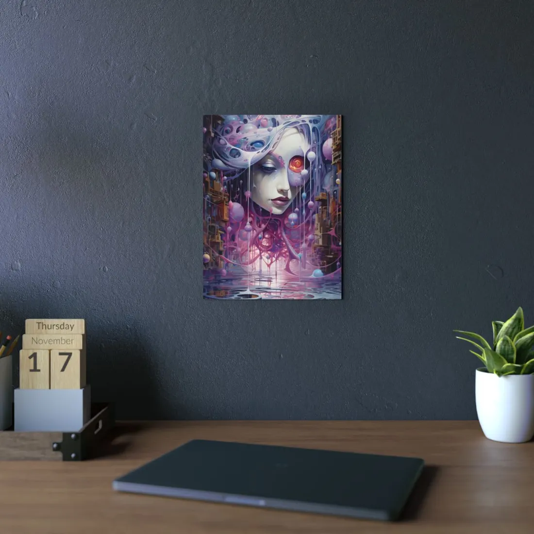 Jeweled Visage: Surreal Melting Face Portrait - Metal Poster