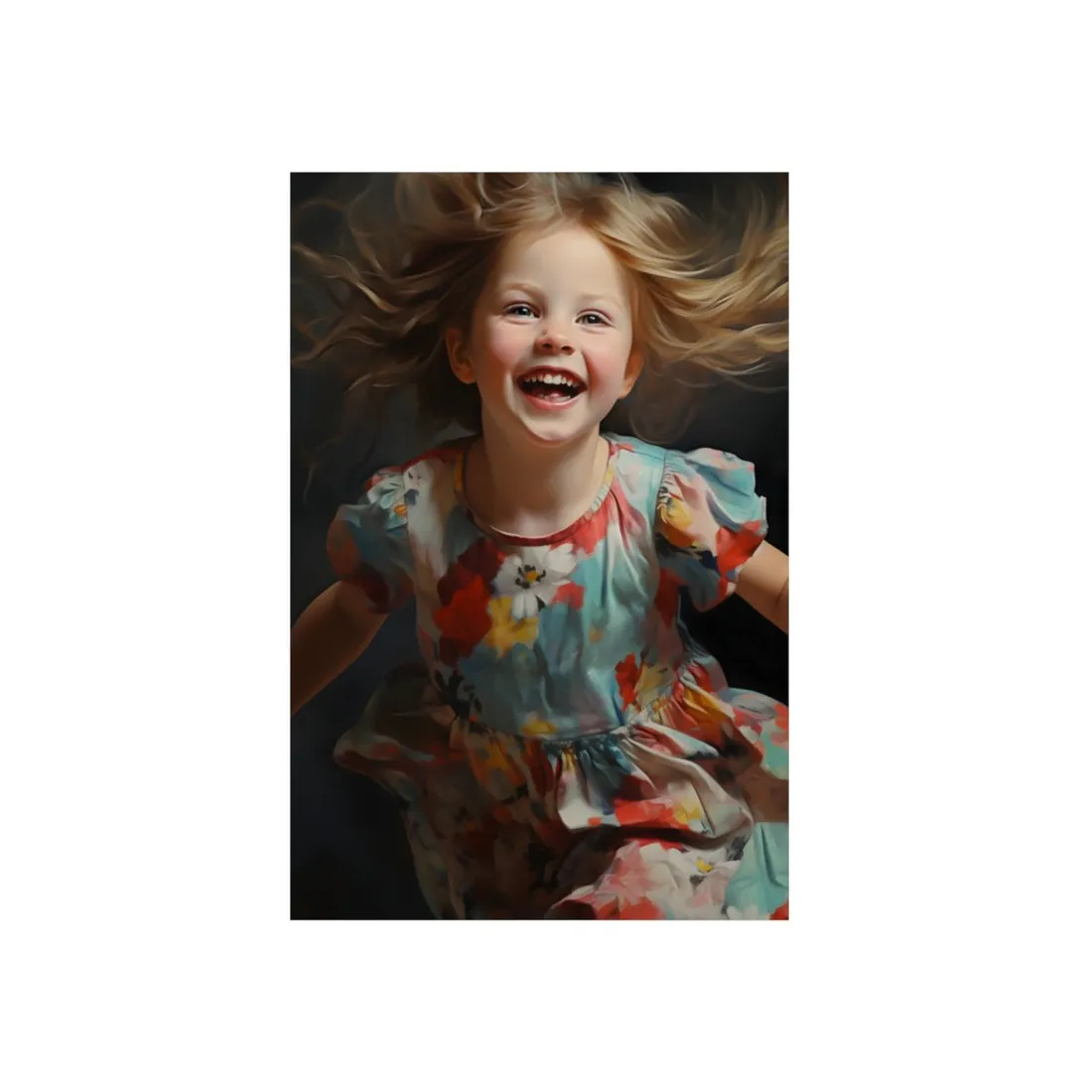 Joyful Young Girl: Laughing in Floral Dress - Metal Poster