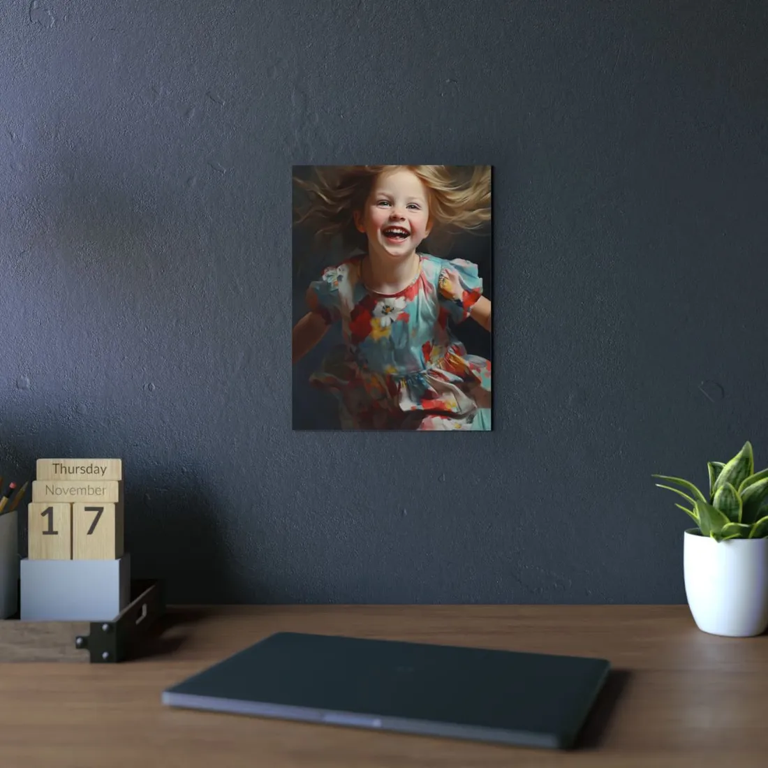 Joyful Young Girl: Laughing in Floral Dress - Metal Poster