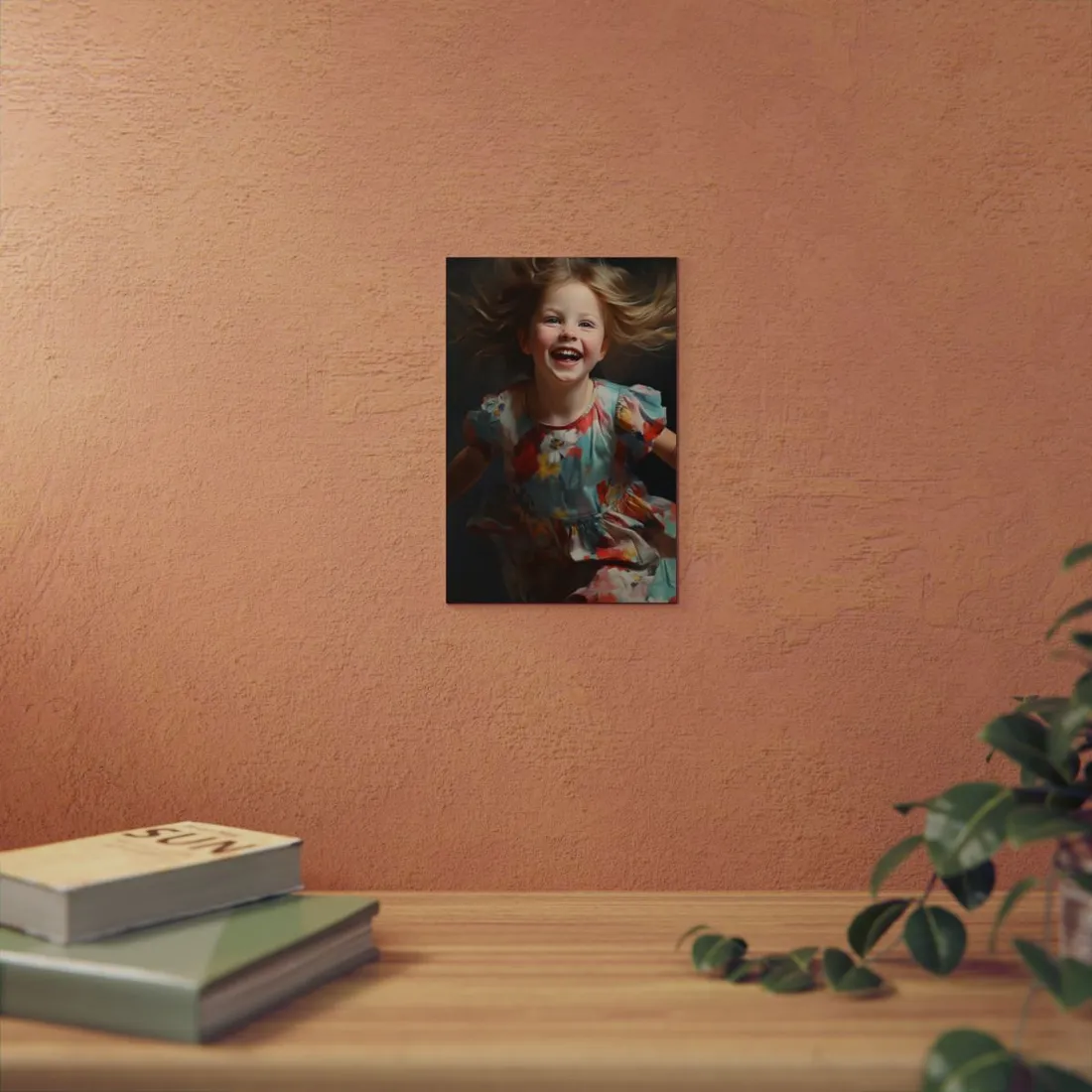 Joyful Young Girl: Laughing in Floral Dress - Metal Poster