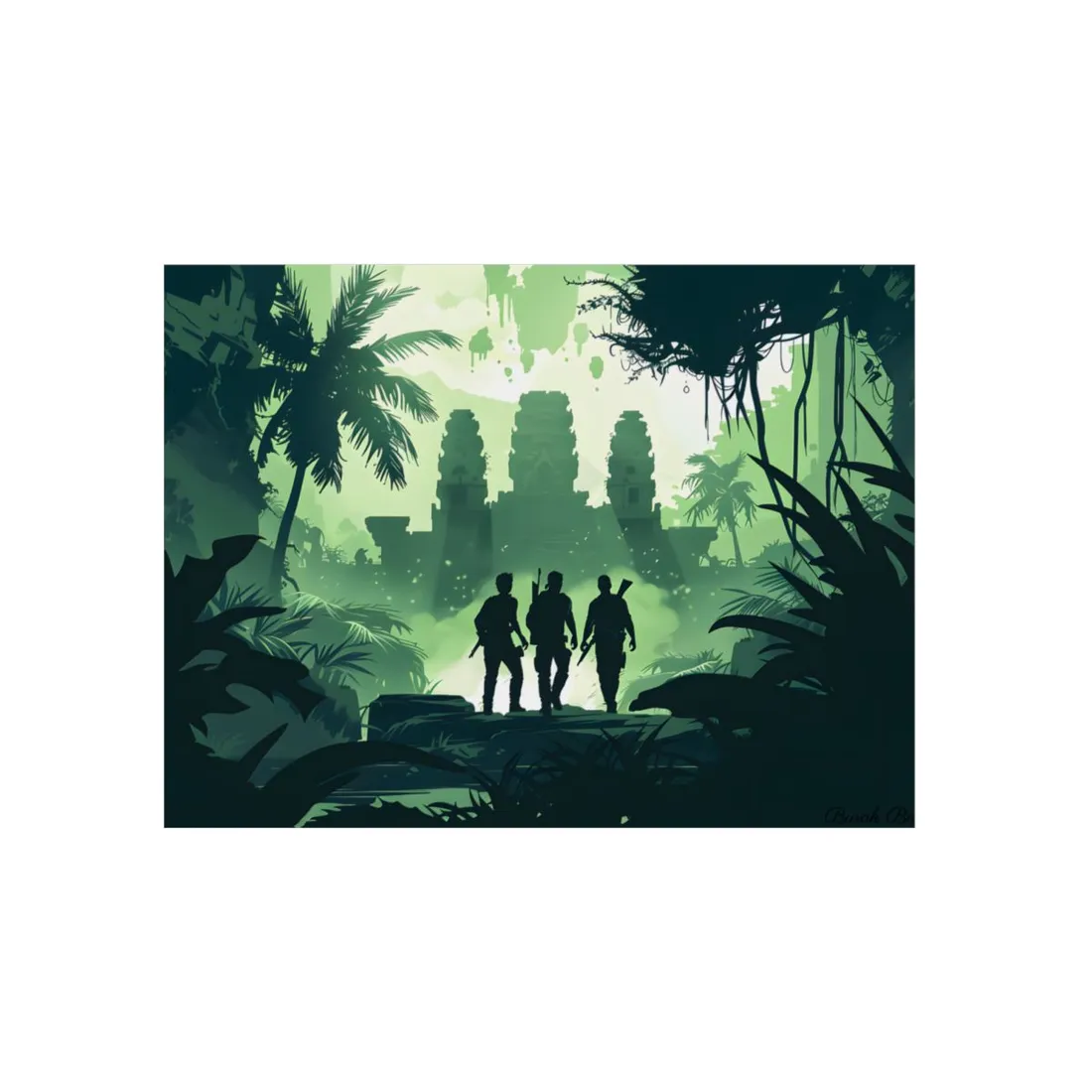 Jungle Temple Trek: Explorers Silhouette Landscape - Metal Poster