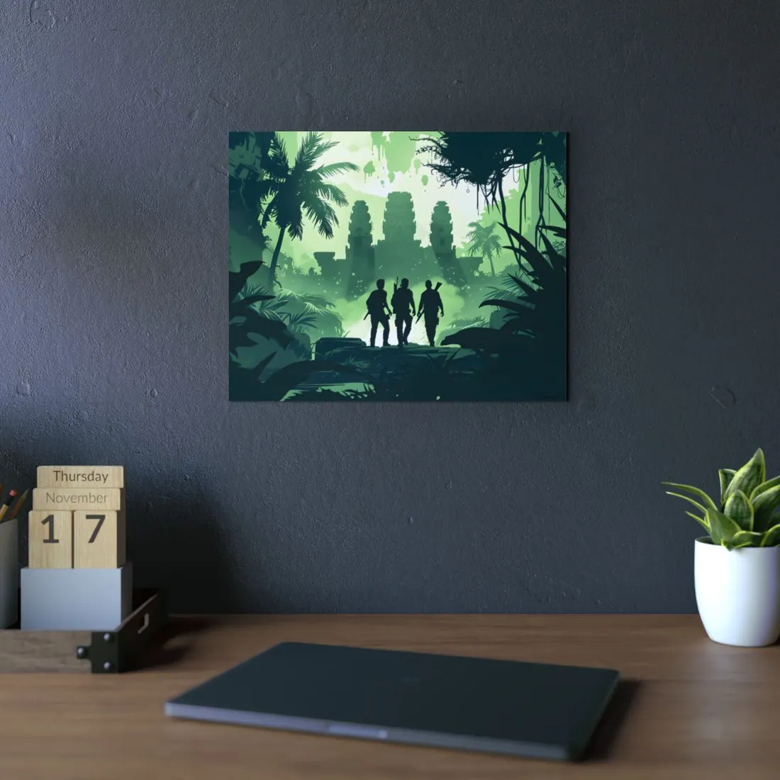Jungle Temple Trek: Explorers Silhouette Landscape - Metal Poster