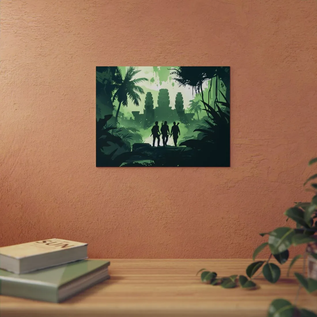 Jungle Temple Trek: Explorers Silhouette Landscape - Metal Poster