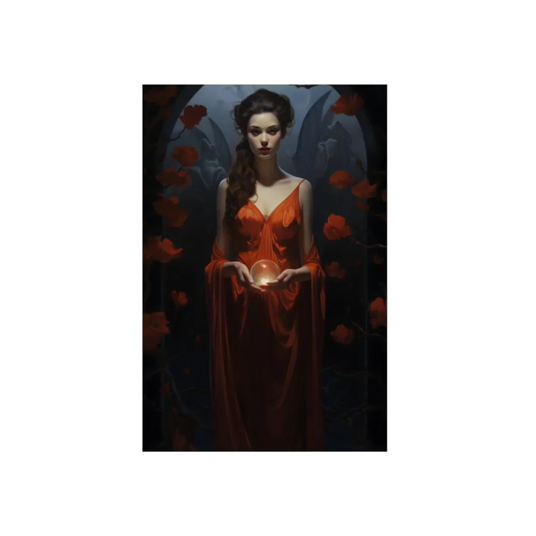 Keeper of Light: Woman with Glowing Orb in Fantasy Realm - Metal Poster