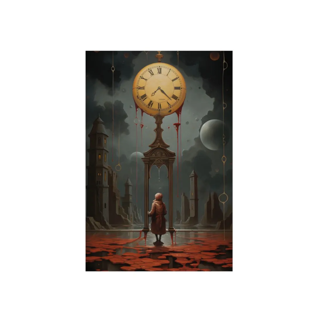 Keeper of Time: Hooded Figure Before the Great Clock Tower - Metal Poster