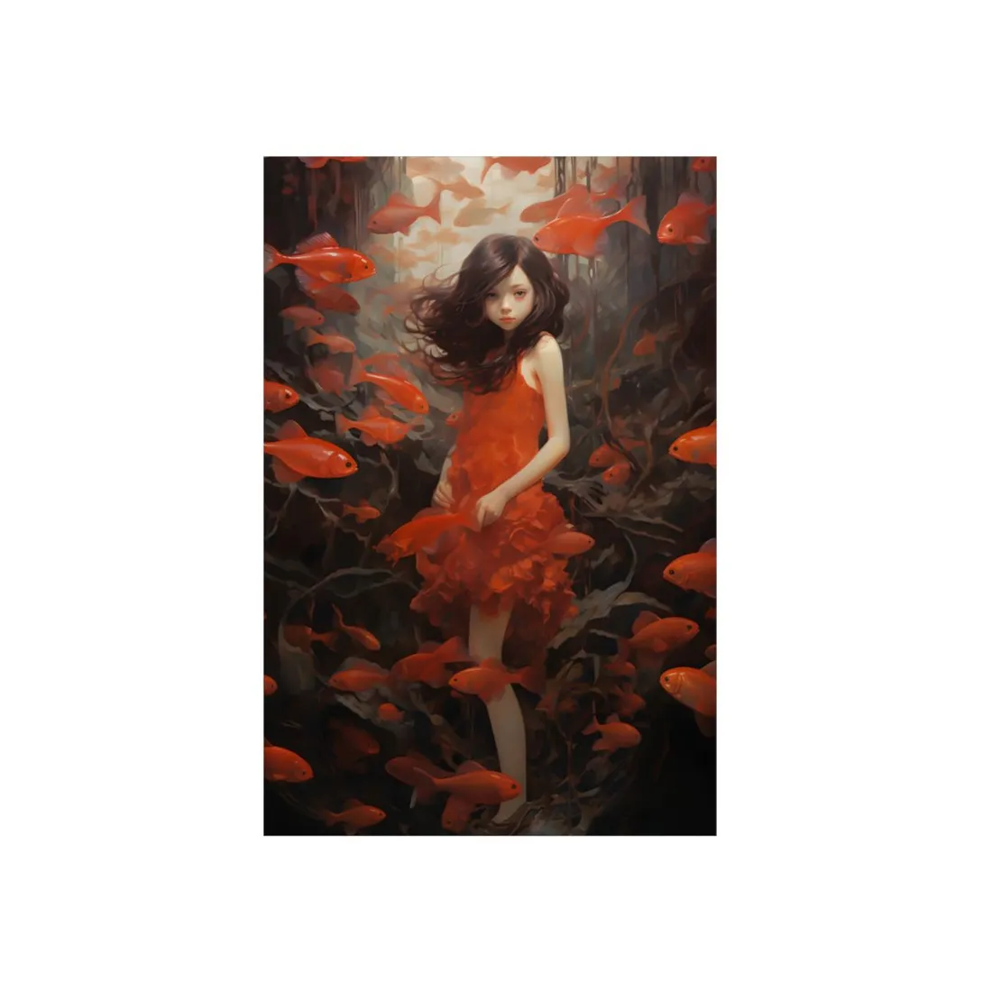Koi Dreams: Woman in Red Among Swimming Fish - Metal Poster