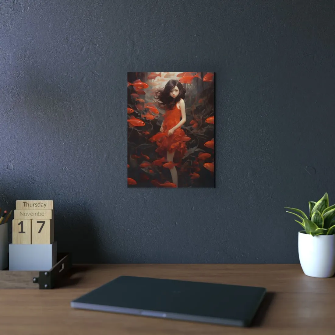 Koi Dreams: Woman in Red Among Swimming Fish - Metal Poster
