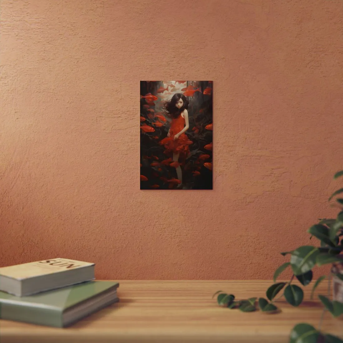 Koi Dreams: Woman in Red Among Swimming Fish - Metal Poster