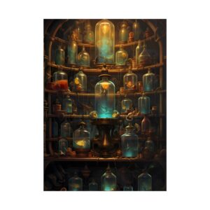 Glowing Glass Bottles on Shelves Poster