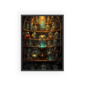 Glowing Glass Bottles on Shelves Framed Poster