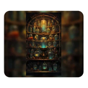 Glowing Glass Bottles on Shelves Mouse Pad