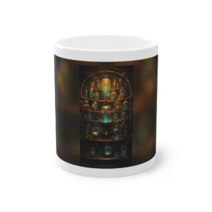 Glowing Glass Bottles on Shelves Mug
