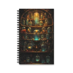 Glowing Glass Bottles on Shelves Spiral Notebook