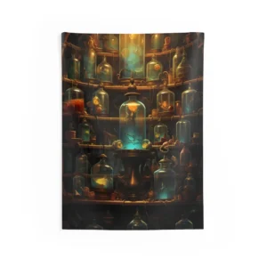Glowing Glass Bottles on Shelves Wall Tapestry