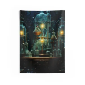 Glass Bottles in Alchemist Laboratory Wall Tapestry