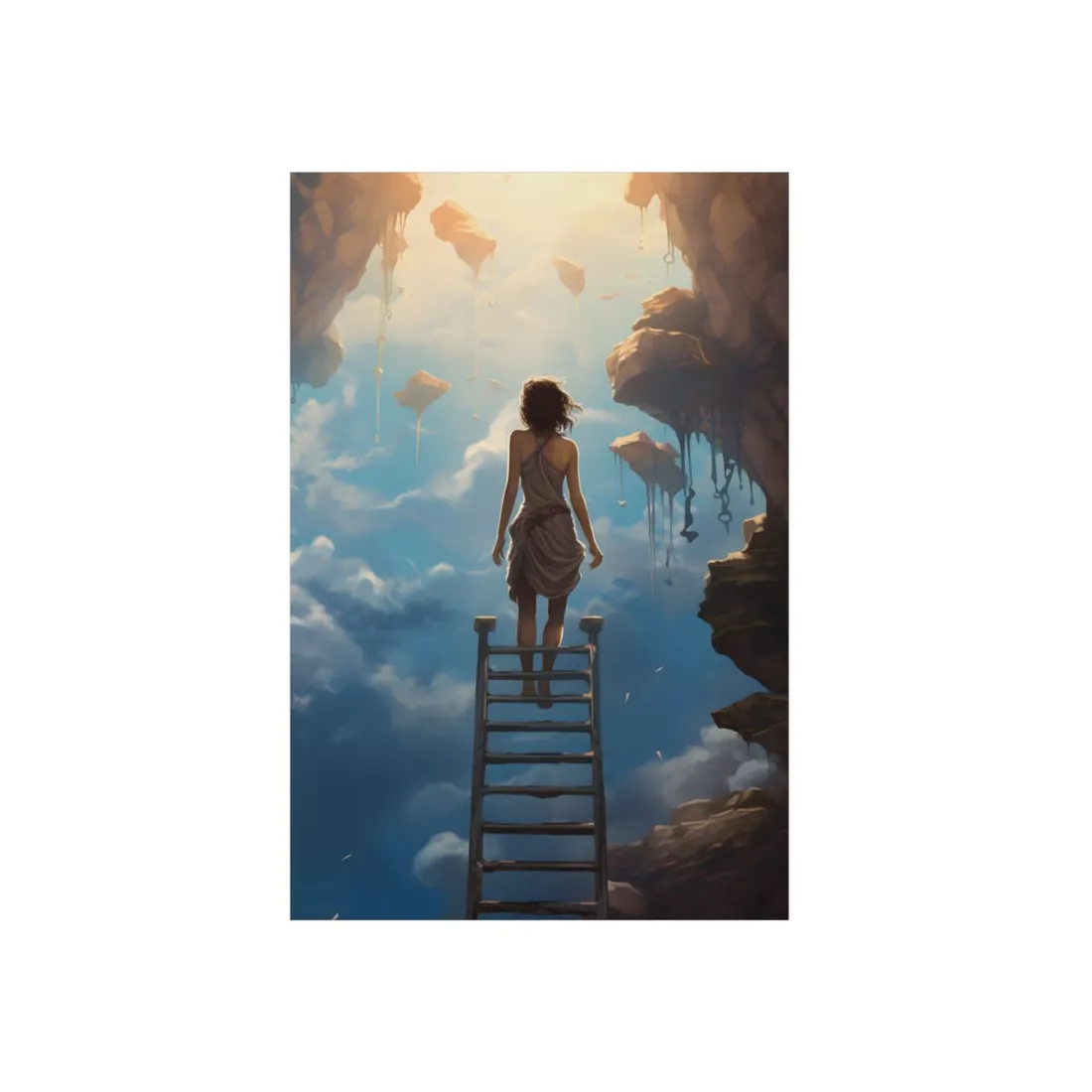 Ladder to the Sky: Woman Among Drifting Clouds - Metal Poster