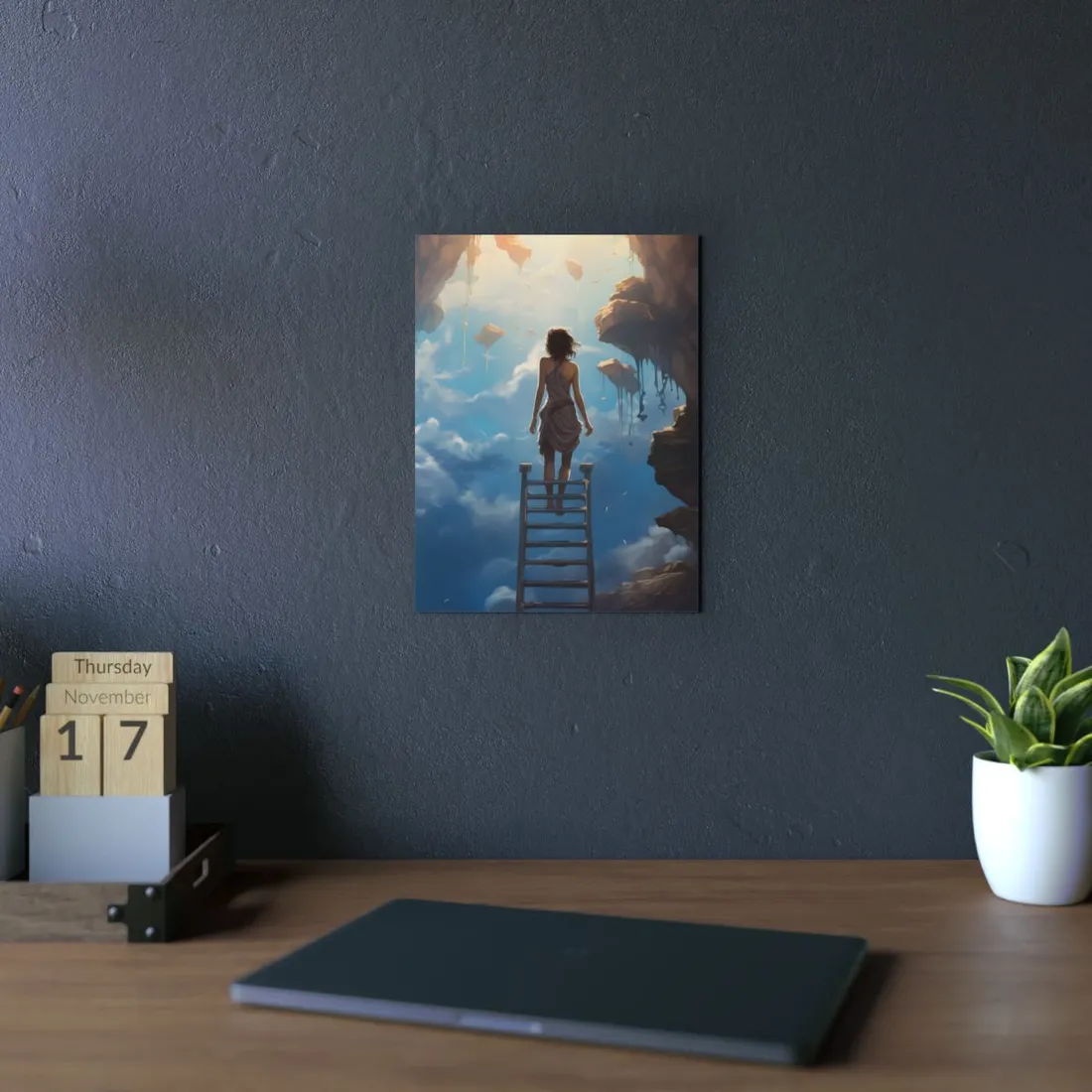 Ladder to the Sky: Woman Among Drifting Clouds - Metal Poster