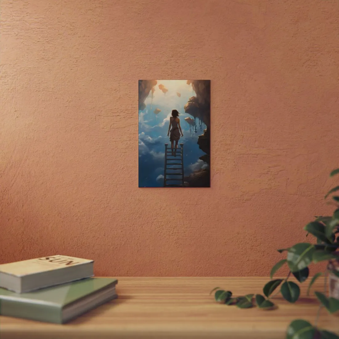 Ladder to the Sky: Woman Among Drifting Clouds - Metal Poster