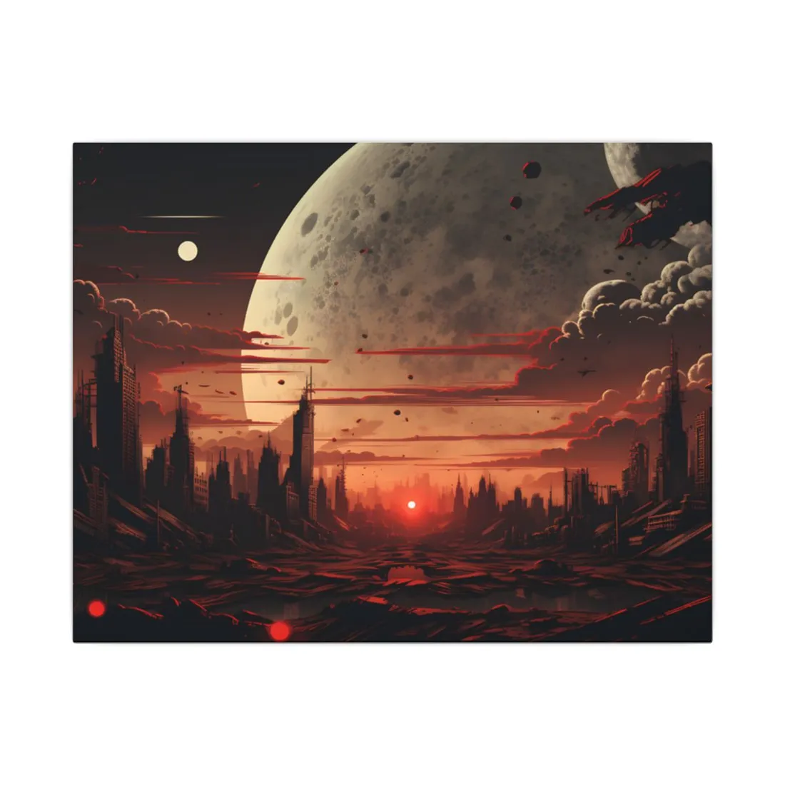 Landscape at Night: Burning Cyberpunk Neon Lights - Canvas