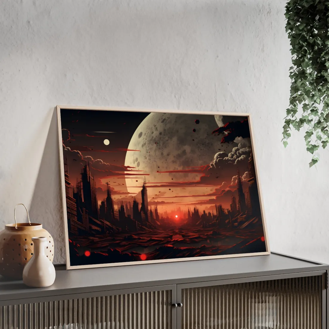 Landscape at Night: Burning Cyberpunk Neon Lights - Framed Poster