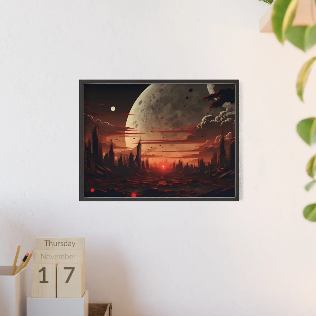Landscape at Night: Burning Cyberpunk Neon Lights - Framed Poster