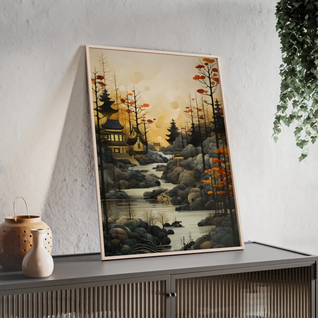 Landscape Masterpiece: Ash Magenta Mountains with Moss Green Greenery - Framed Poster