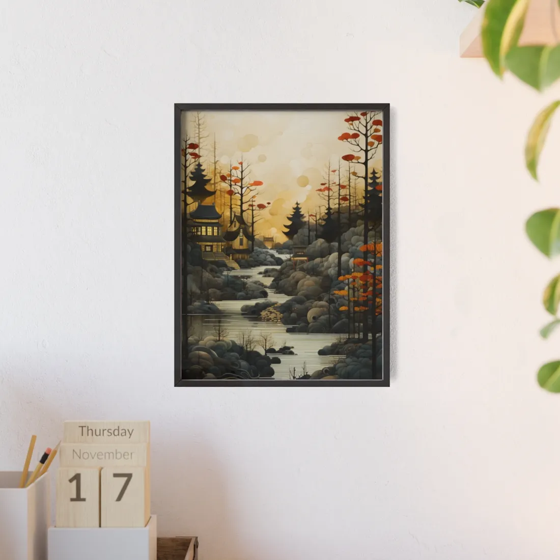 Landscape Masterpiece: Ash Magenta Mountains with Moss Green Greenery - Framed Poster