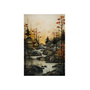 Pagoda River Dusk Metal Poster