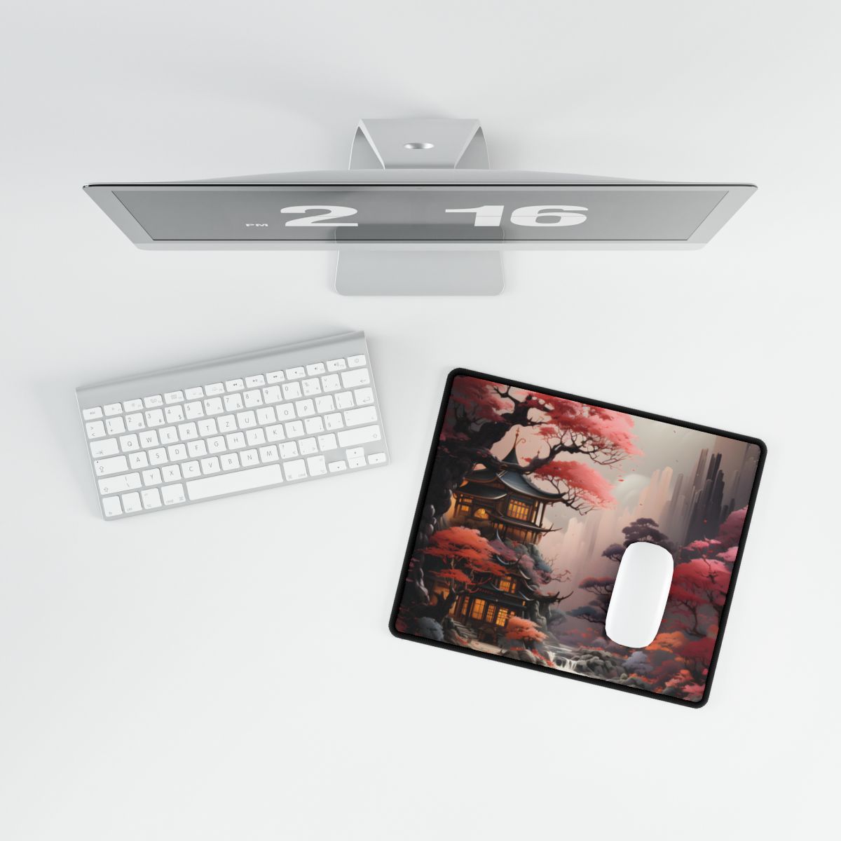 Landscape Masterpiece in Ash Magenta and Moss Green: Serene Nature Artwork - Desk Mat