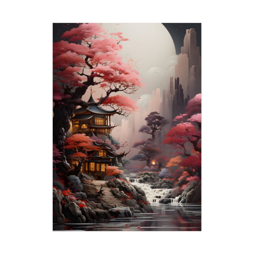 Landscape Masterpiece in Ash Magenta and Moss Green: Serene Nature Artwork - Poster