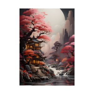 Pagoda by Waterfall at Night Poster