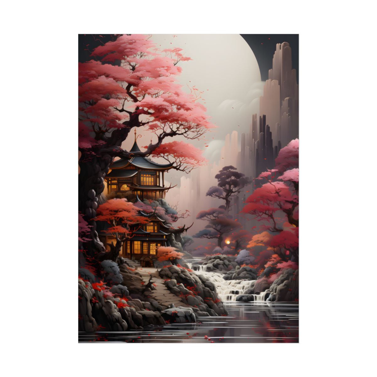 Landscape Masterpiece in Ash Magenta and Moss Green: Serene Nature Artwork - Poster