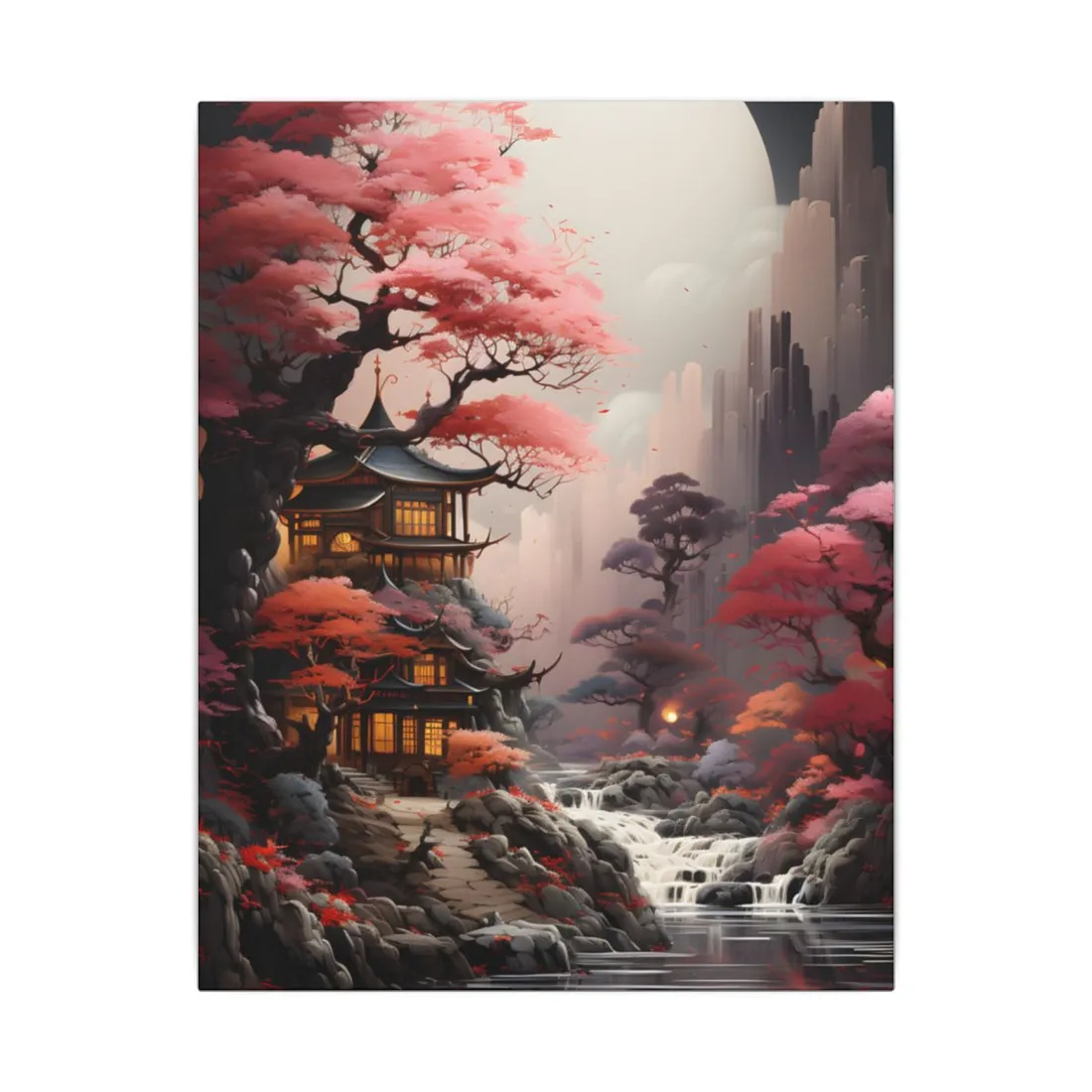 Landscape Masterpiece in Ash Magenta and Moss Green: Serene Nature - Canvas