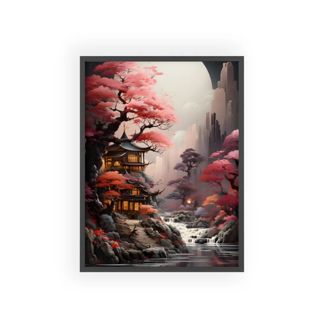 Landscape Masterpiece in Ash Magenta and Moss Green: Serene Nature - Framed Poster