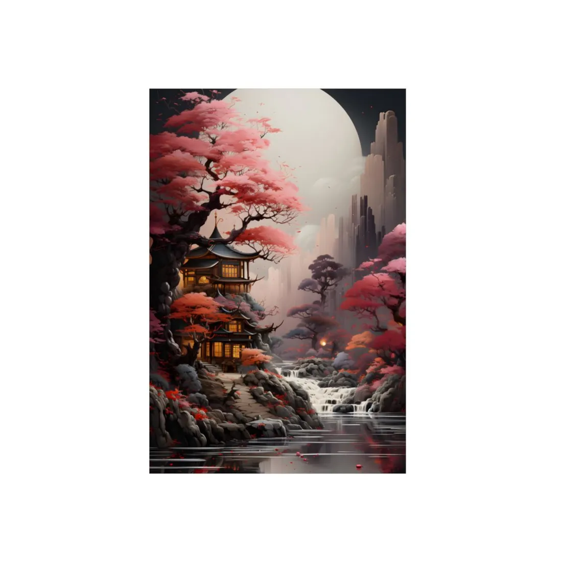 Landscape Masterpiece in Ash Magenta and Moss Green: Serene Nature - Metal Poster