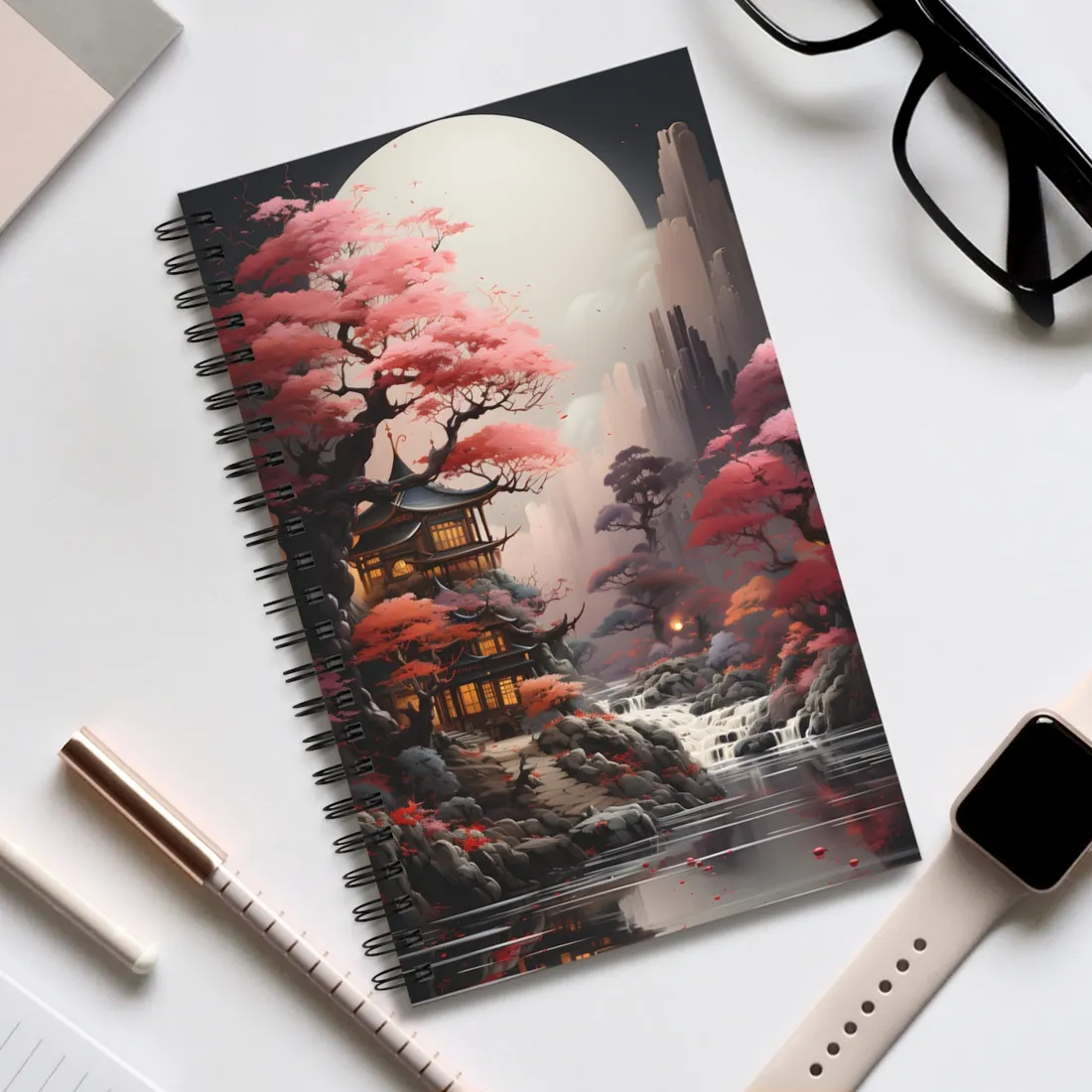 Landscape Masterpiece in Ash Magenta and Moss Green: Serene Nature - Spiral Notebook