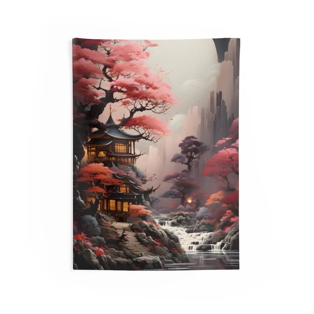 Landscape Masterpiece in Ash Magenta and Moss Green: Serene Nature - Wall Tapestry