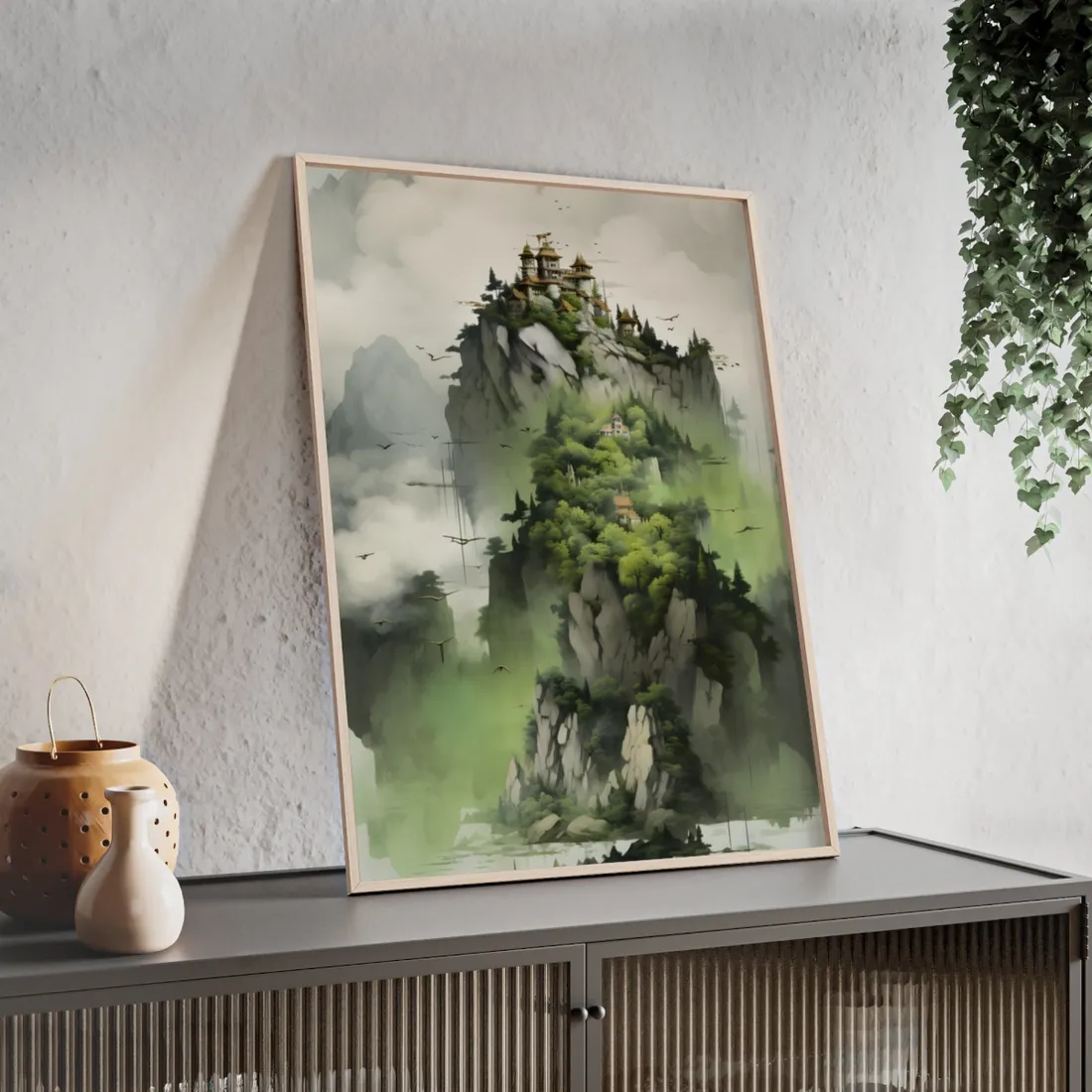 Landscape Masterpiece: Vibrant Ash Magenta & Moss Green Nature Scene - Framed Poster