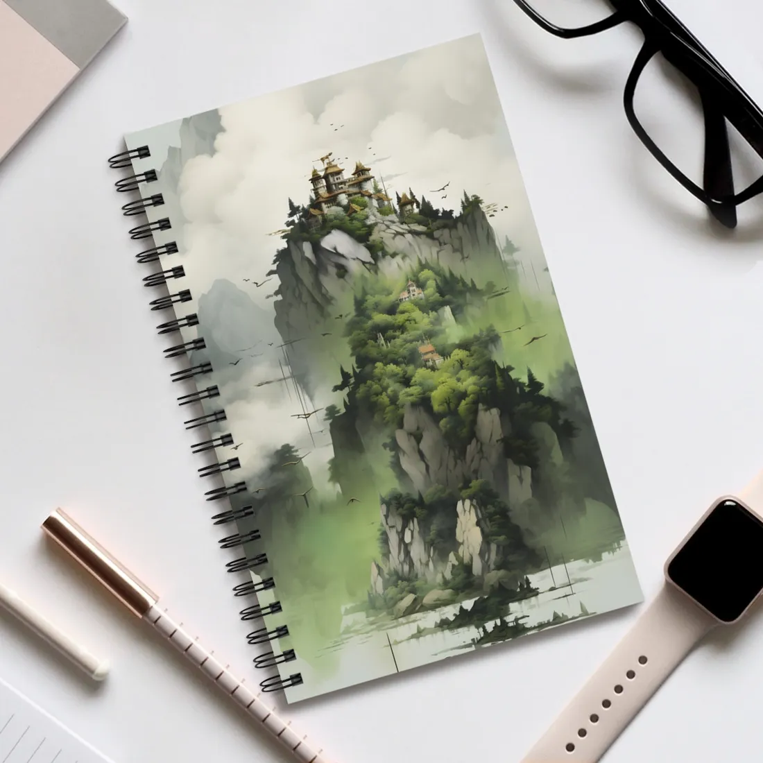 Landscape Masterpiece: Vibrant Ash Magenta & Moss Green Nature Scene - Spiral Notebook