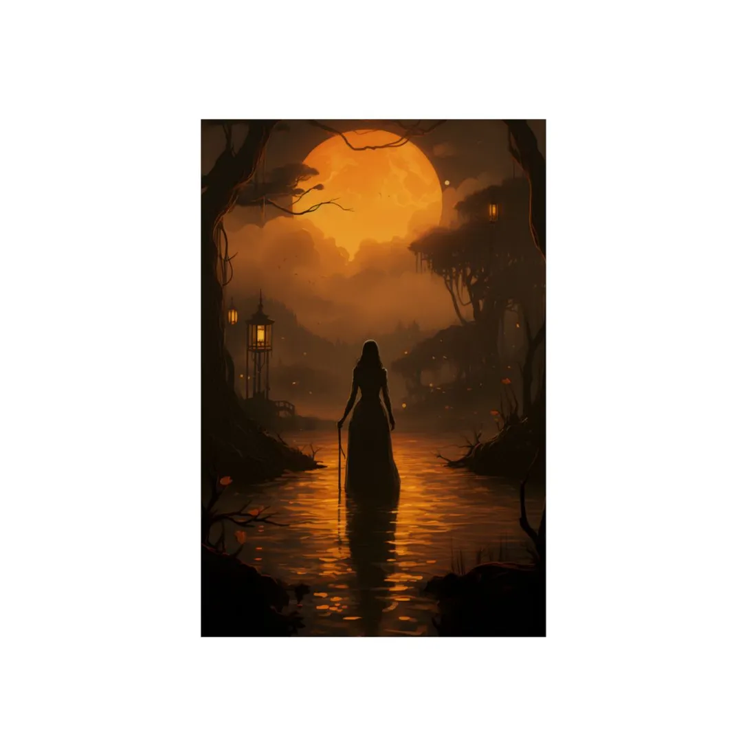 Lantern in the Fog: Woman Walking Through Misty Woods - Metal Poster