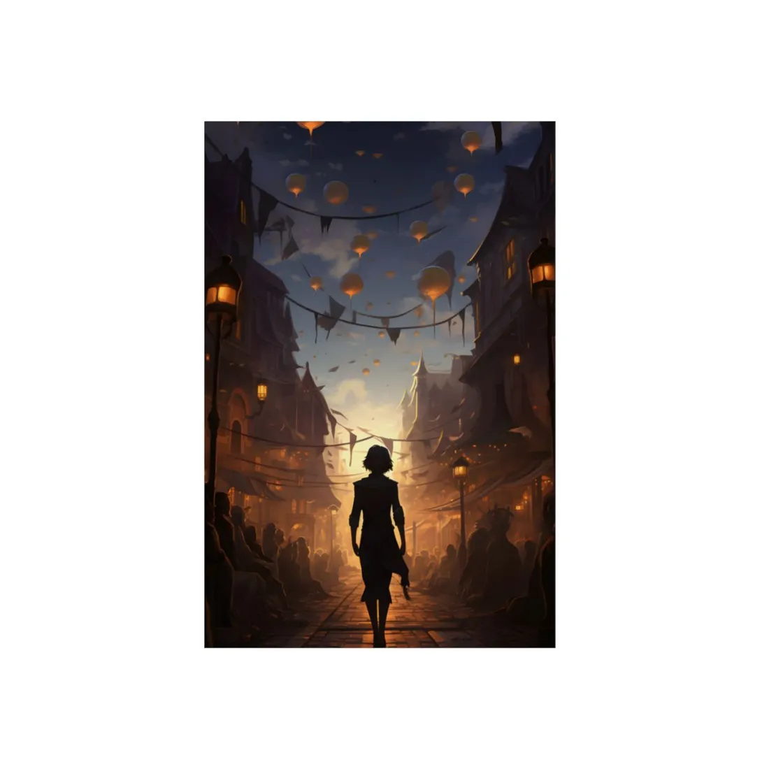 Lantern Village at Dusk: Fantasy Town Street - Metal Poster
