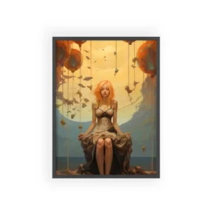 Woman Sitting Under Floating Balloons Framed Poster