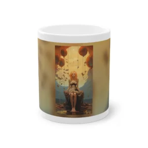 Woman Sitting Under Floating Balloons Mug