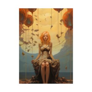 Woman Sitting Under Floating Balloons Poster