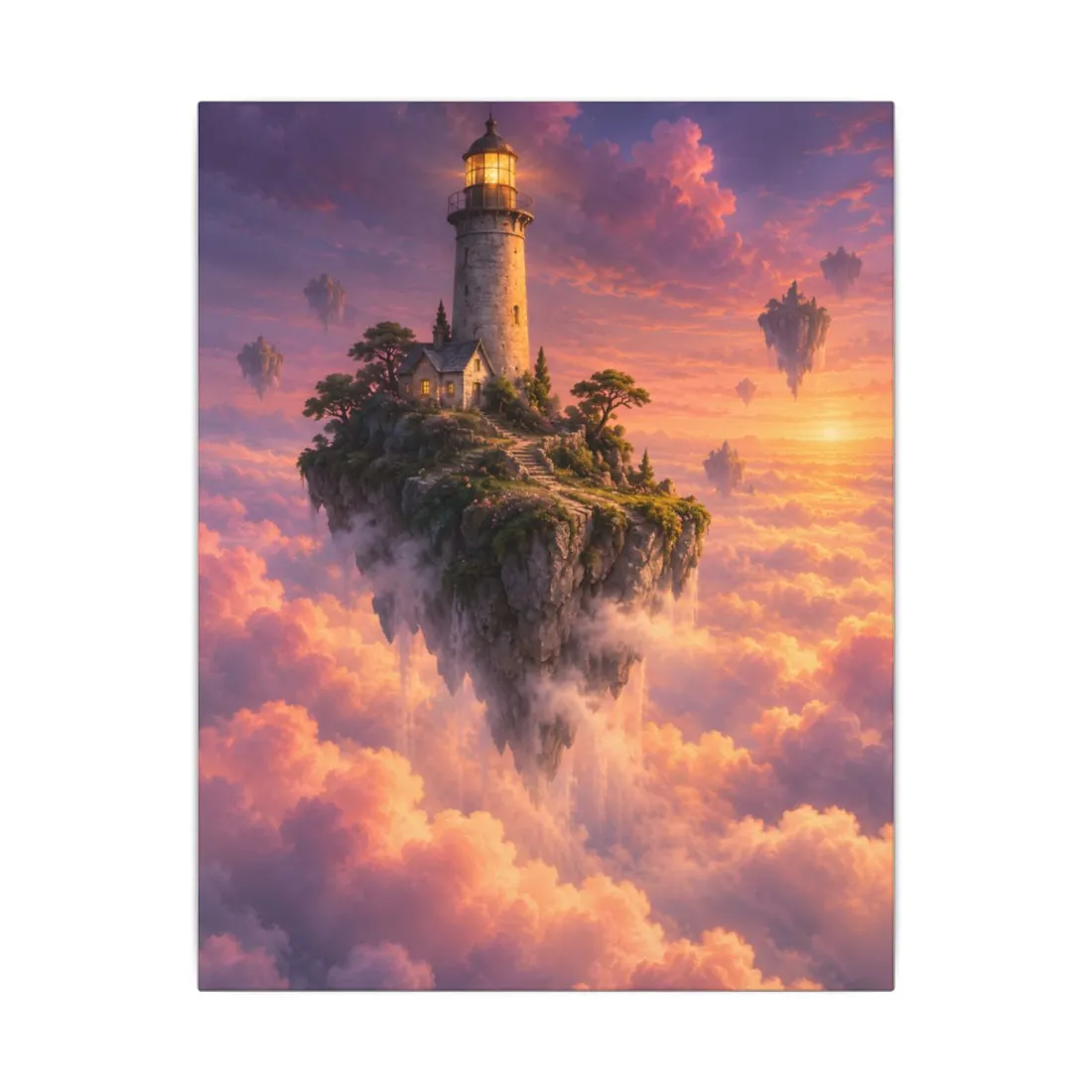 Glowing lighthouse on a floating island above pink clouds at sunset – Canvas Print, view 1