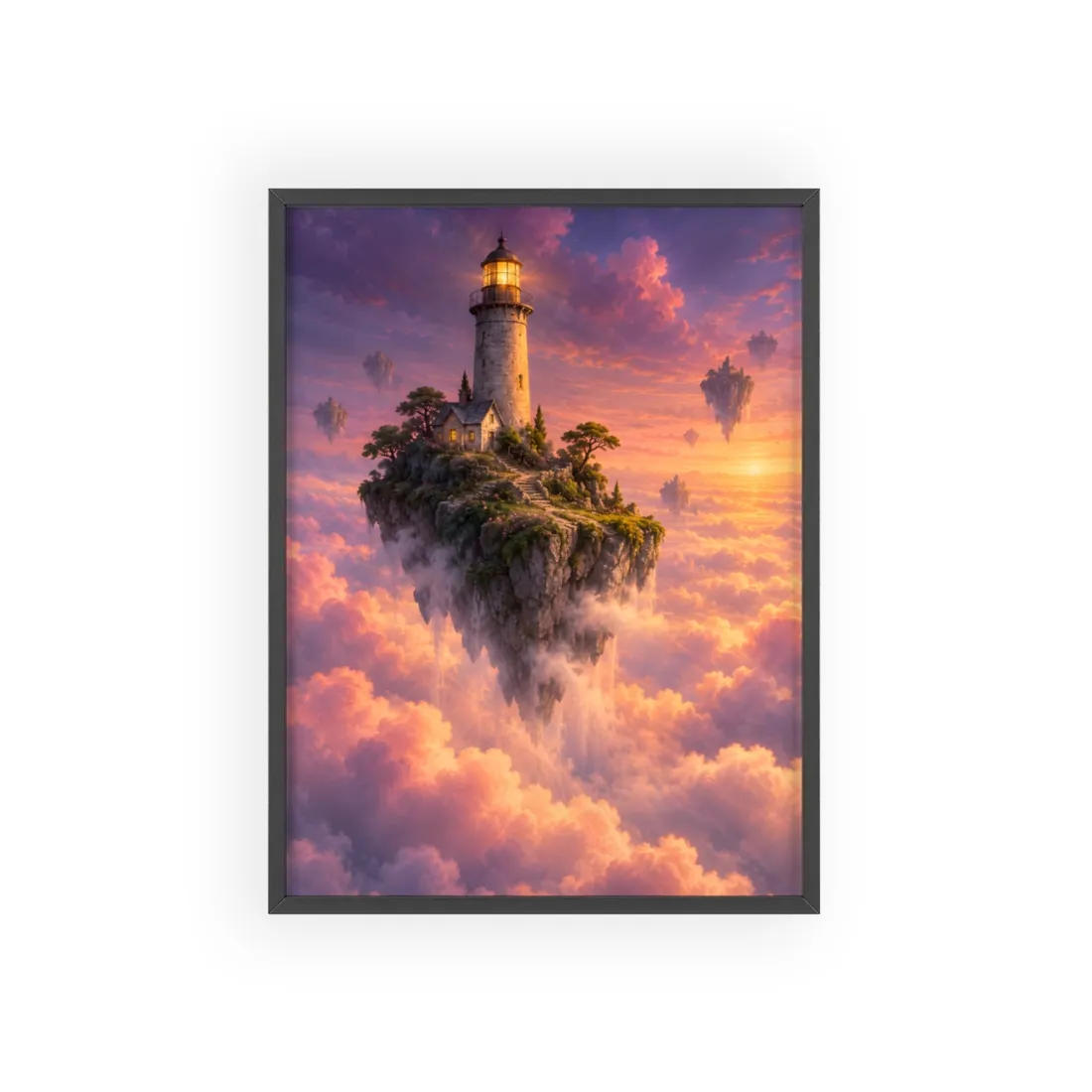 Glowing lighthouse on a floating island above pink clouds at sunset – Framed Poster, view 1
